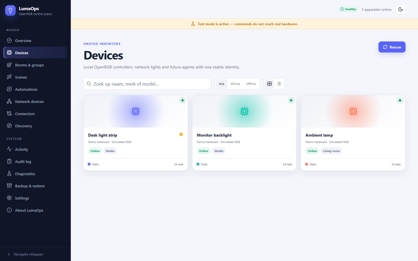 LumaOps device inventory populated with synthetic RGB hardware