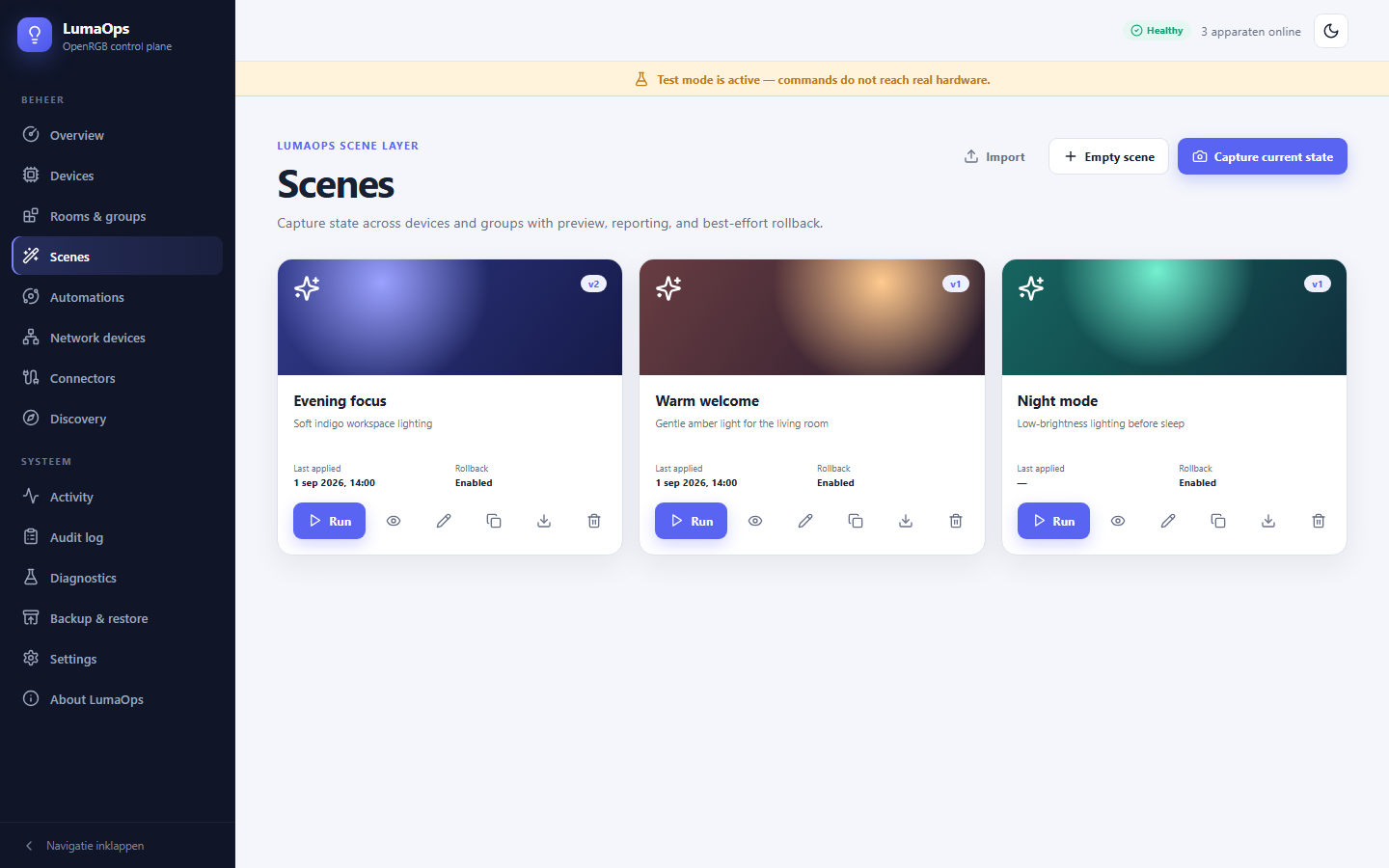 LumaOps scenes view populated with synthetic lighting scenes