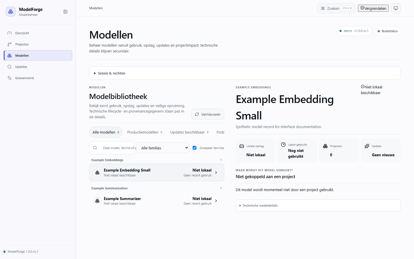 ModelForge model library with two synthetic model records