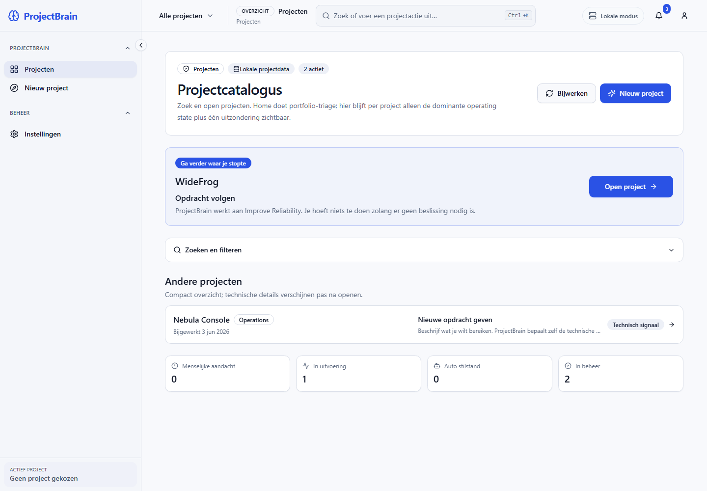 Synthetic project catalogue and next action